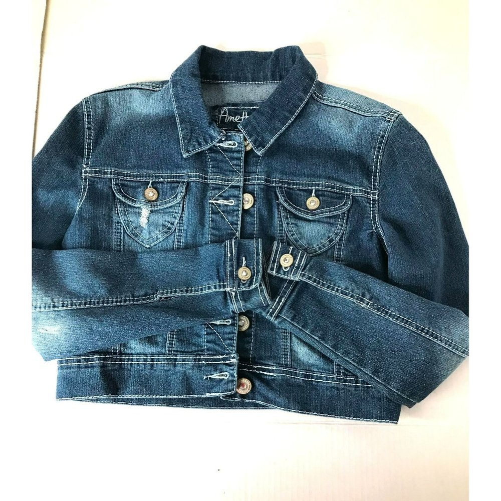 AMETHYST YOUTH GIRLS SMALL DENIM DESTRESSED SHORT MID-WAISTED BLUE JEAN JACKET